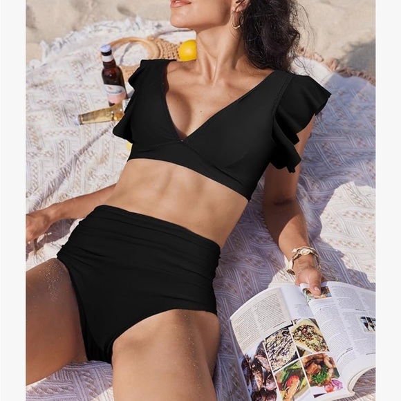NWT Women Ruffle High Waisted Push Up Bathing suit bikini medium  black - Picture 3 of 7